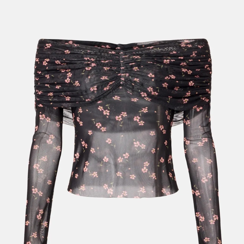 AFRM Black Sheer Off-Shoulder Mesh Top with Pink Floral Print